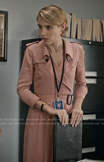 Stevie’s pink trench dress on Madam Secretary