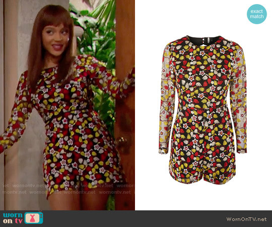 Topshop Embroidered Open Back Playsuit worn by Nicole Avant (Reign Edwards) on The Bold and the Beautiful