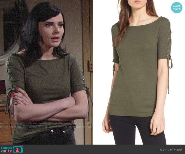 Trouve Lace-Up Sleeve Top in Olive Sarma worn by Tessa Porter (Cait Fairbanks) on The Young and the Restless