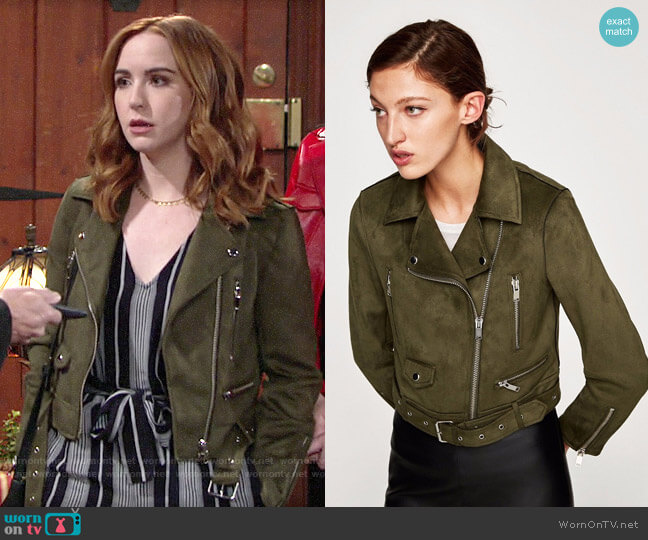 Zara Faux Suede Biker Jacket in Olive Green worn by Mariah Copeland (Camryn Grimes) on The Young and the Restless