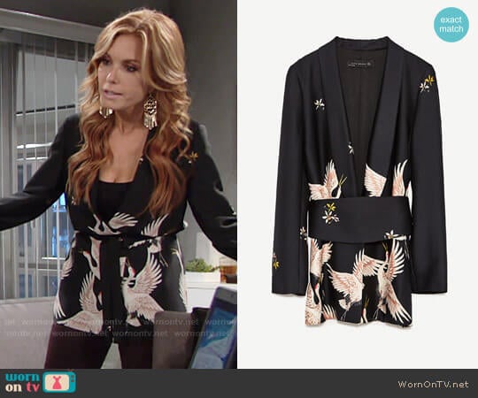 Zara Printed Jacket with Sash Belt worn by Lauren Fenmore (Tracey Bregman) on The Young and the Restless