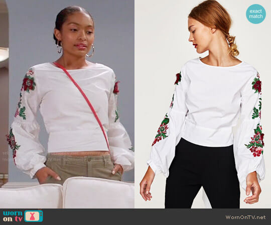 Zara Top with Embroidered Sleeves and Bow in Back worn by Zoey Johnson (Yara Shahidi) on Black-ish