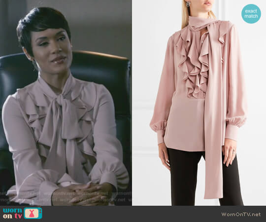Alexander McQueen Pussy-bow ruffled silk-georgette blouse worn by Anika Calhoun (Grace Gealey) on Empire