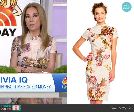 Adrianna Papell Short Sleeve Floral Print Sheath Dress with Mock Neck worn by Kathie Lee Gifford on Today