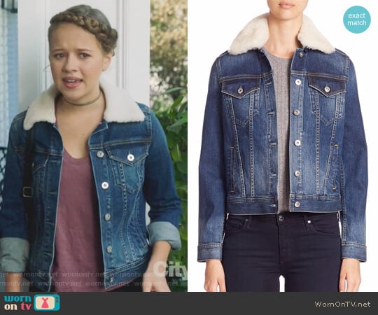 AG Adriano Goldschmied Mya Shearling Collar Denim Jacket worn by Samantha Hughes (Holly Barrett) on Life in Pieces
