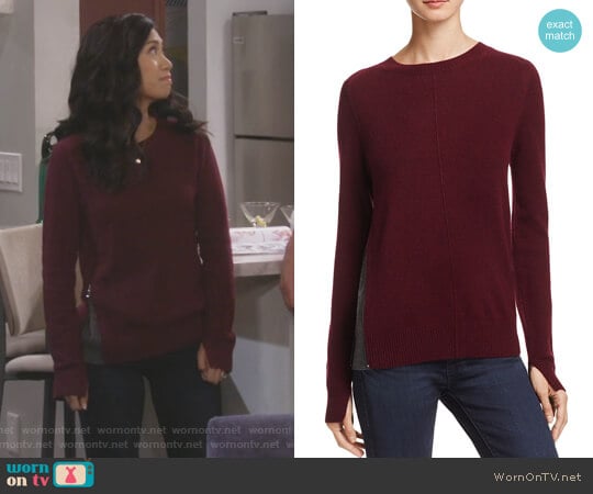Aqua Cashmere Cashmere Side-Zip Contrast-Inset Sweater worn by Eve Roberts (Liza Lapira) on 9JKL