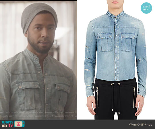 Balmain Distressed Denim Banded-Collar Shirt worn by Jamal Lyon (Jussie Smollett) on Empire