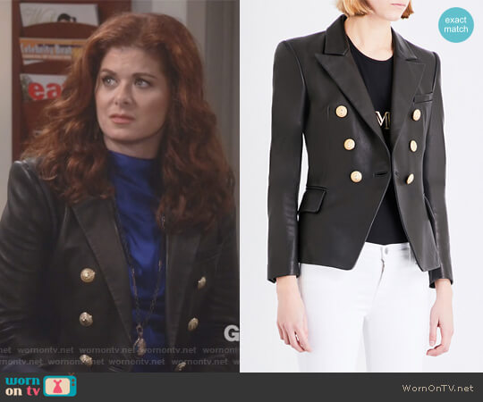 Balmain Double-breasted leather suit jacket worn by Grace Adler (Debra Messing) on Will and Grace