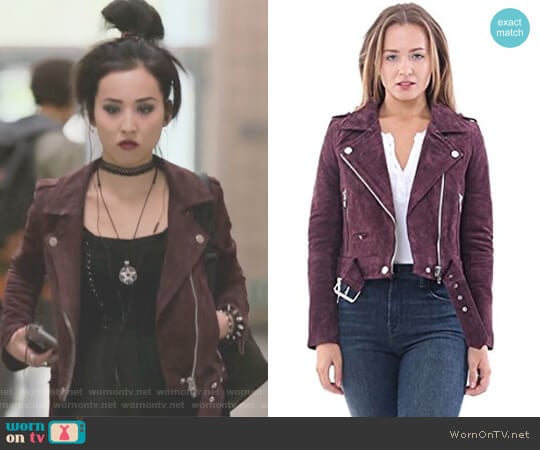 Blank NYC Burgundy Suede Moto Jacket in Morning After worn by Nico Minoru (Lyrica Okano) on Marvels Runaways