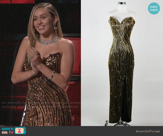 Bob Mackie Vintage Stunning Strapless Beaded Hourglass Cocktail Party Silk Dress worn by Miley Cyrus on The Voice
