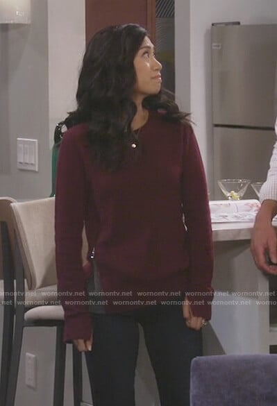 Eve’s burgundy side zipper sweater on 9JKL