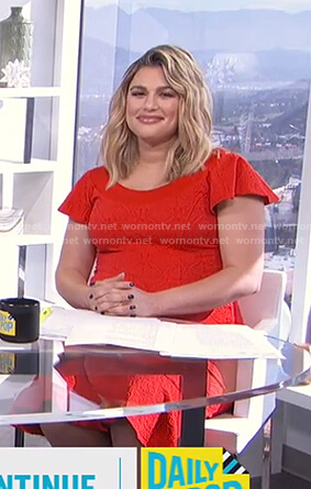 Carissa’s red ruffle sleeve dress on E! News Daily Pop