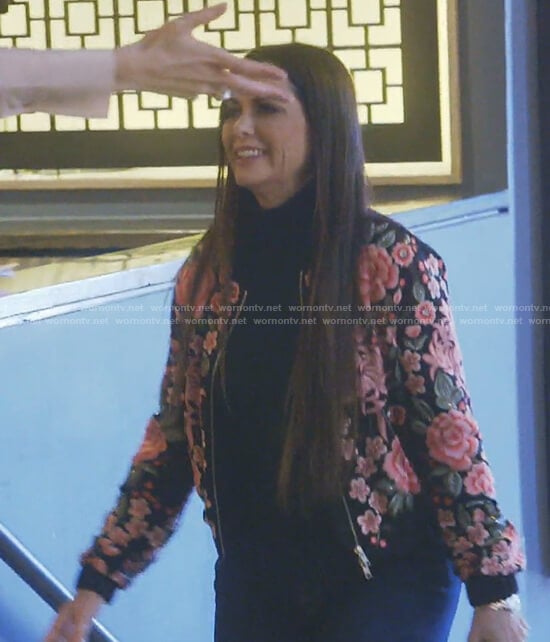 D’Andra’s black floral bomber jacket on The Real Housewives of Dallas