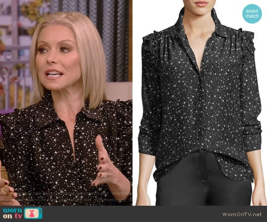Frame Diamond-Print Ruffle Silk Blouse worn by Kelly Ripa on Live with Kelly and Mark