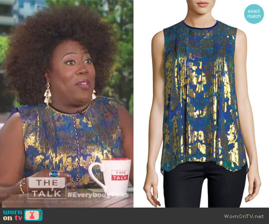 Elie Tahari Elle Sleeveless Metallic Floral Blouse worn by Sheryl Underwood on The Talk