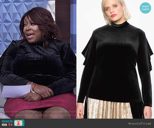Eloquii Velvet Ruffle Sleeve Mock Neck Top worn by Loni Love on The Real