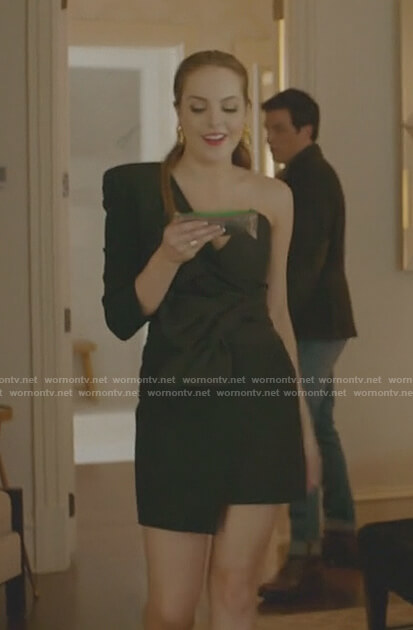 Fallon’s black one shoulder bow waist dress on Dynasty