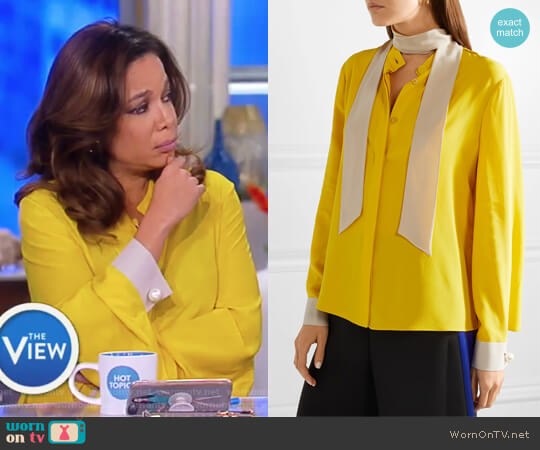 Fendi Faux pearl-embellished silk crepe de chine blouse worn by Sunny Hostin on The View