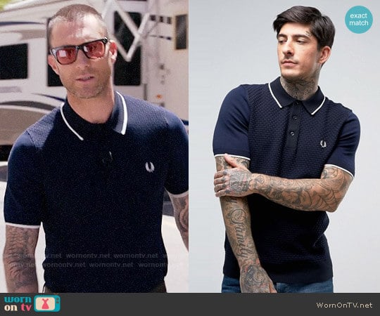 Fred Perry Slim Knitted Polo Checkerboard Textured in Navy worn by Adam Levine on The Voice