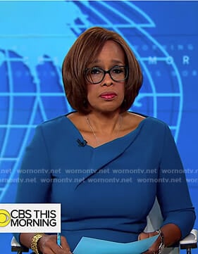 Gayle’s teal blue asymmetric v-neck dress on CBS This Morning