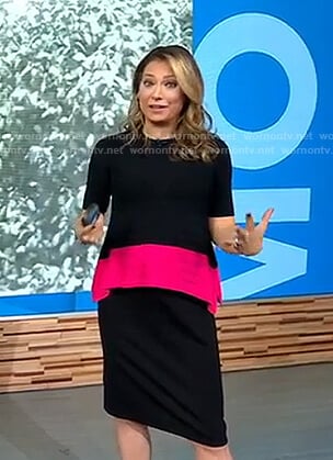 Ginger’s black and pink colorblock top on Good Morning America