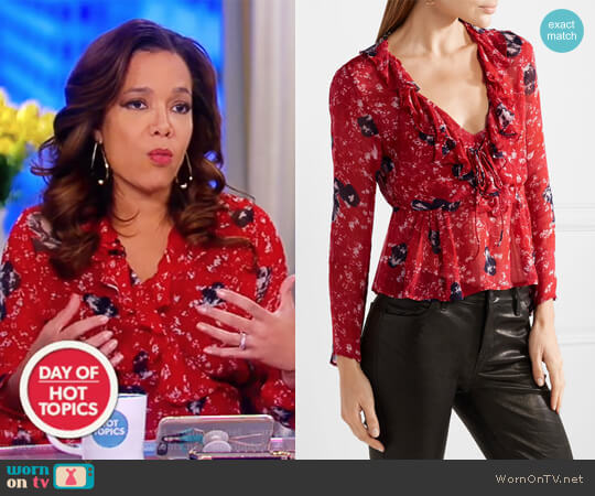 IRO Venecia ruffled printed chiffon blouse worn by Sunny Hostin on The View
