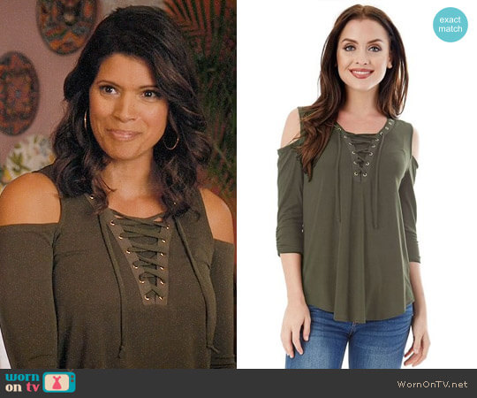 IZ Byer Lace-Up Cold Shoulder Top worn by Xiomara Villanueva (Andrea Navedo) on Jane the Virgin