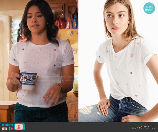 J.Crew Embellished floral T-shirt worn by Jane Villanueva (Gina Rodriguez) on Jane the Virgin