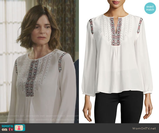 Joie Clema Long-Sleeve Silk Top worn by Heather Hughes (Betsy Brandt) on Life in Pieces