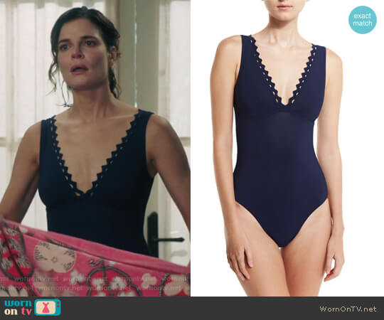 Karla Colletto Rick Rack Scalloped-Neck Underwire One-Piece Swimsuit worn by Heather Hughes (Betsy Brandt) on Life in Pieces