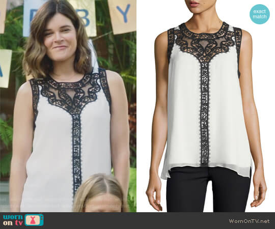 Kobi Halperin Abagail Sleeveless Lace-Trim Silk Blouse worn by Heather Hughes (Betsy Brandt) on Life in Pieces