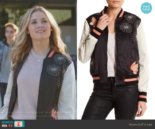 Max Studio Butterfly Bomber Jacket worn by Karolina Dean (Virginia Gardner) on Marvels Runaways