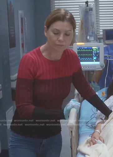 Meredith’s red and black colorblock sweater on Grey’s Anatomy