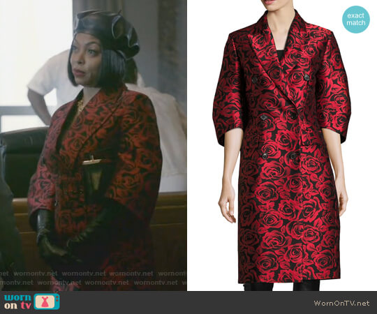 Michael Kors Rose Jacquard Ruched-Sleeve Double-Breasted Coat worn by Cookie Lyon (Taraji P. Henson) on Empire