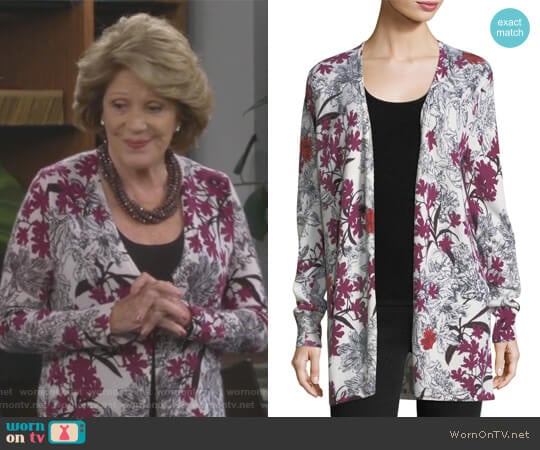 Neiman Marcus Cashmere Collection Cashmere Floral-Print Open-Front Cardigan worn by Judy Roberts (Linda Lavin) on 9JKL