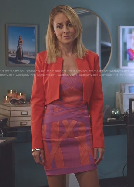 Portia’s orange and purple geometric bandage dress on Great News