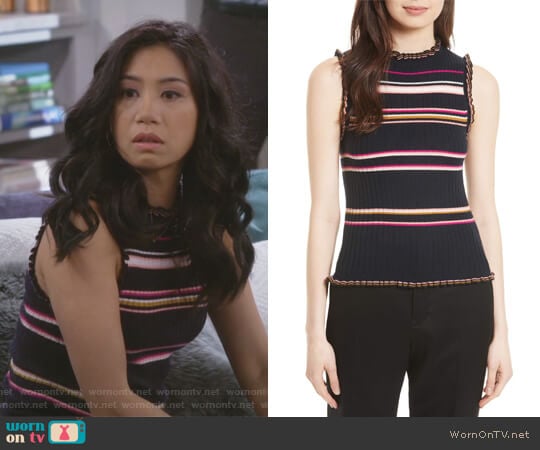 Rebecca Taylor Stripe Rib Knit Tank worn by Eve Roberts (Liza Lapira) on 9JKL
