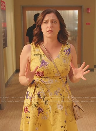 Rebecca’s yellow floral v-neck dress on Crazy Ex-Girlfriend