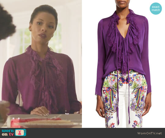 Roberto Cavalli Ruffled Self-Tie Silk Blouse worn by Catherine Wilder (Angel Parker) on Marvels Runaways