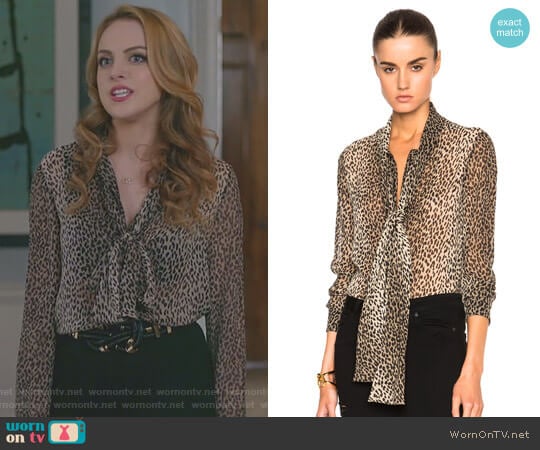 Saint Laurent Georgette Babycat Blouse worn by Fallon Carrington (Elizabeth Gillies) on Dynasty