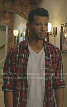 Sam’s red distressed plaid shirt on Dynasty
