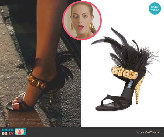 Prada Jeweled Feather-Trim Satin Sandals worn by Fallon Carrington (Elizabeth Gillies) on Dynasty