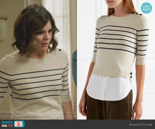 Veronica Beard Knot cotton-paneled striped silk and cashmere-blend top worn by Heather Hughes (Betsy Brandt) on Life in Pieces