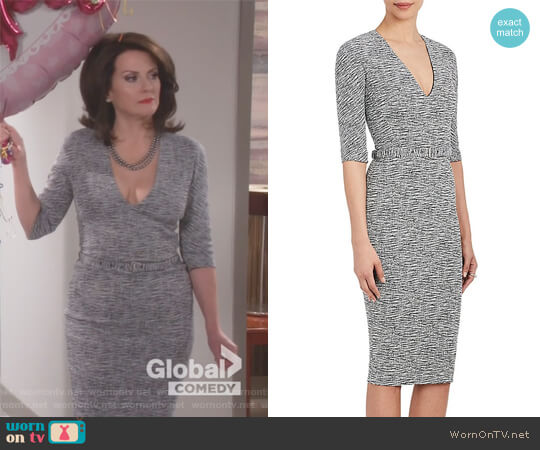 Victoria Beckham Cotton-Blend Belted Sheath Dress worn by Karen Walker (Megan Mullally) on Will and Grace