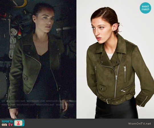 Zara Faux Suede Biker Jacket in Olive Green worn by Lena Luthor (Katie McGrath) on Supergirl