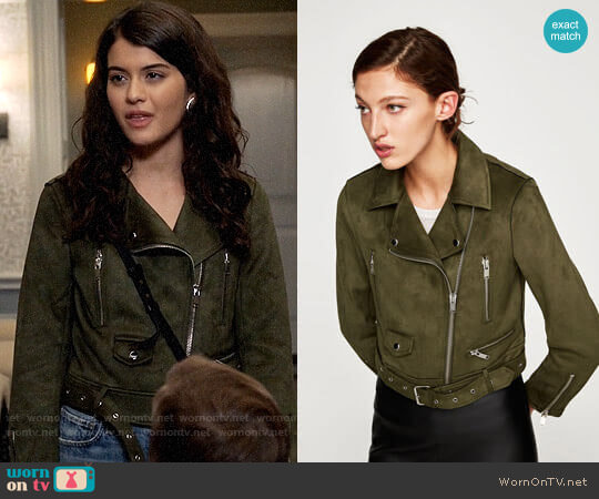 Zara Faux Suede Biker Jacket in Olive Green worn by Sabrina Pemberton (Sofia Black D'Elia) on The Mick