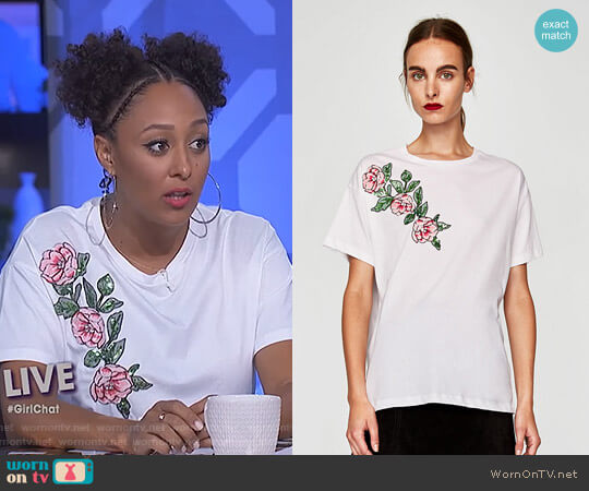 Zara T-Shirt with Sequined Floral Motif worn by Tamera Mowry on The Real