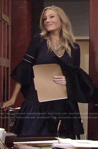 Abby’s navy bell sleeve dress on The Young and the Restless
