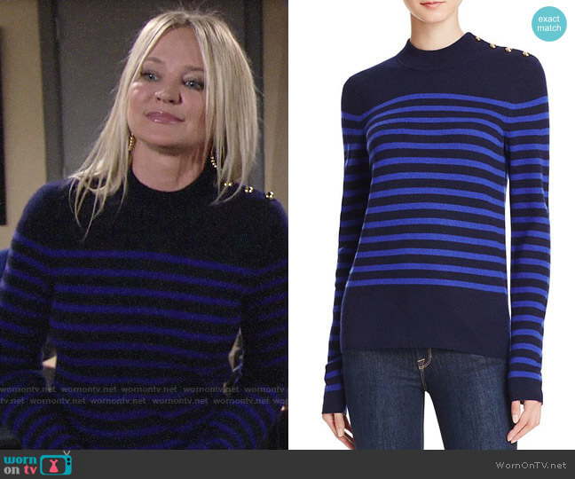Aqua Stripe Mock Neck Cashmere Sweater in Peacoat / Royal Blue worn by Sharon Newman (Sharon Case) on The Young and the Restless