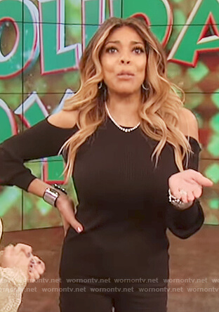 Wendy’s black cold shoulder sweater on The Wendy Williams Show
